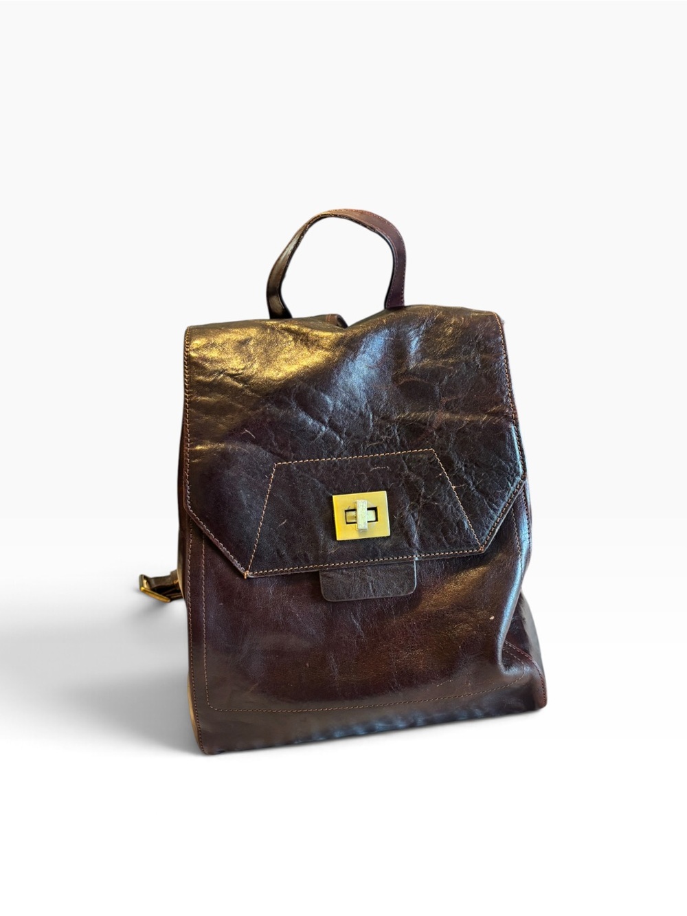 Leather Backpack with Gold Turn-Lock - Brown
